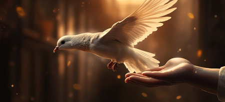 Hand holding a white dove on a dark background. 3d renderingの素材