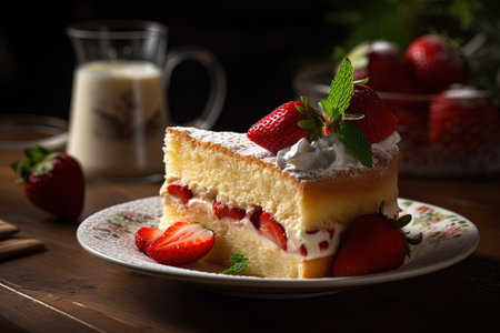 Strawberry cake with whipped cream and fresh strawberries on wooden backgroundの素材