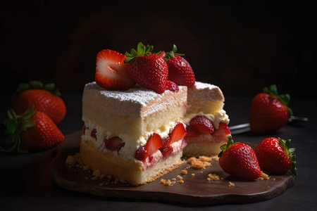 Strawberry cake on a wooden board with fresh strawberries on a dark backgroundの素材