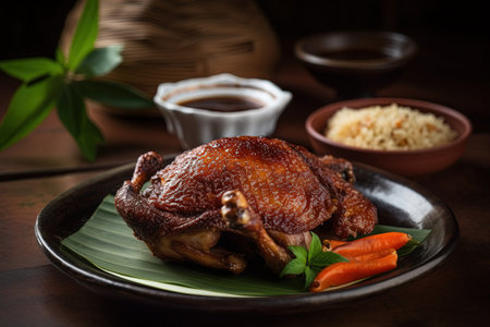 Roast duck with rice and vegetables on wooden table. Selective focus.の素材