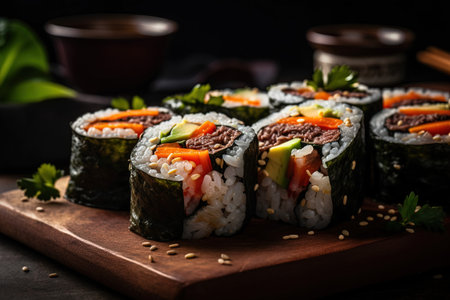 Sushi roll with salmon, avocado, cucumber, cream cheese and sesame seedsの素材