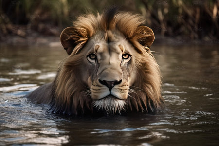 Lion in the water, Kruger National Park, South Africa ; Specie Panthera leo family of Felidaeの素材