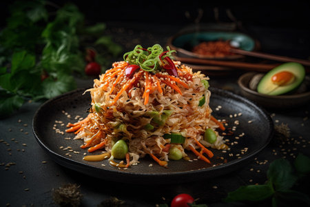 Fried noodles with vegetables in a plate on a dark background.の素材