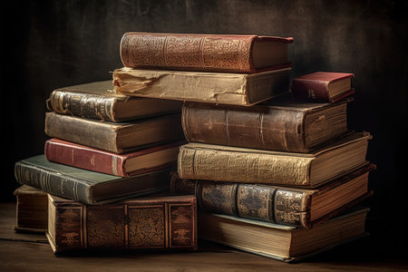 Pile of old books on a dark background. Toned.の素材
