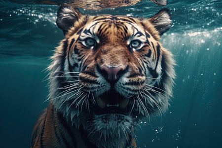 Siberian tiger swimming underwater. Close-up portrait of a tiger.の素材