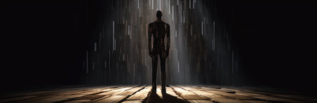 Silhouette of a man standing in front of a luminous wall. 3D renderingの素材