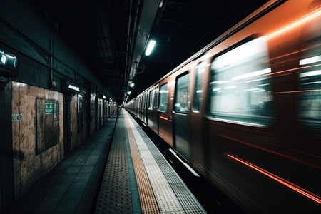 Train in the station at night. Motion blur. Long exposure.の素材