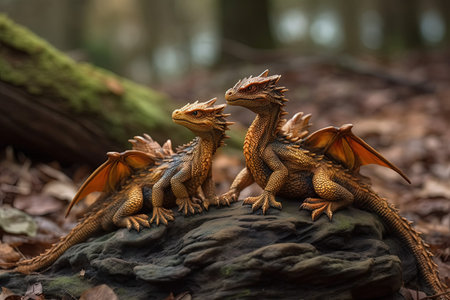 Two dragons mating on a log in the forest. Close up.の素材