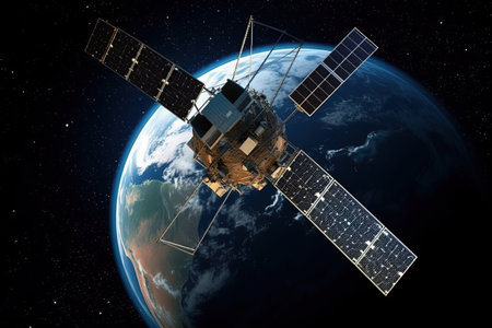 View of a satellite orbiting the planet Earth in outer space 3D renderingの素材