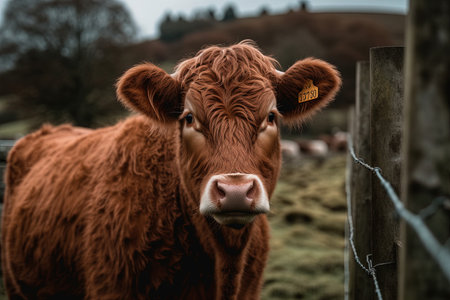 Portrait of a red cow looking at the camera on a farmの素材