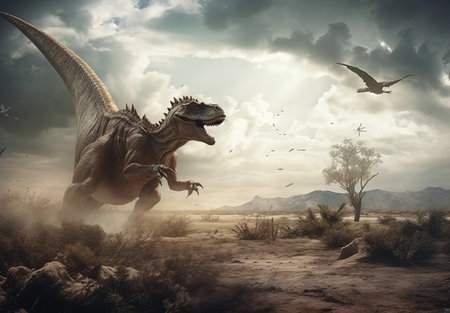Tyrannosaurus rex dinosaur in the desert. 3d renderの素材