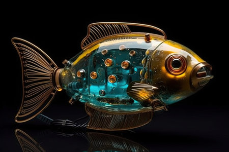 Close-up of a toy fish on a black background with reflectionの素材