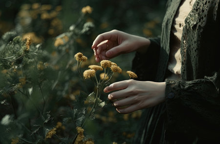 A young woman in a black dress holds a yellow flower in her hands.の素材