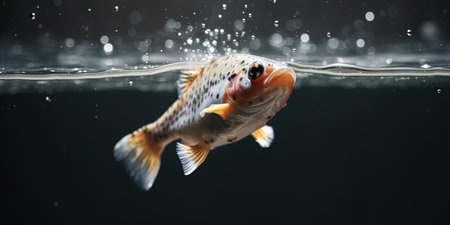 Close-up view of a rainbow trout fish swimming in water.の素材