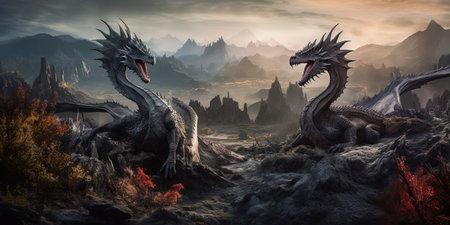 Fantasy landscape with dragon and mountains. 3d render illustration.の素材