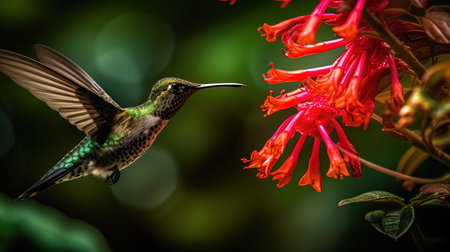 Ruby-throated Hummingbird (archilochus colubris) feeding on a red flowerの素材