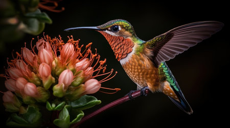 Female Ruby-throated Hummingbird (archilochus colubris) perched on a flower in a gardenの素材