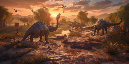 dinosaur in the desert at sunset - 3d render and illustrationの素材
