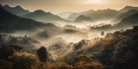 Mountain landscape with fog and sunrise in the morning, Thailand.の素材