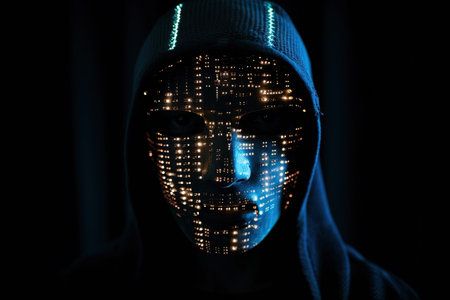 Portrait of a hacker with binary code on his face. The concept of cybercrime.の素材
