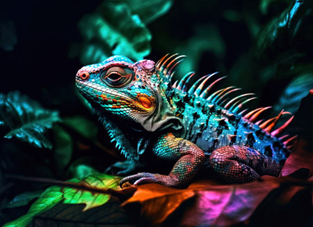 Blue iguana on a dark background. Close-up view.の素材