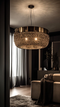 Interior of a modern living room with a big chandelierの素材