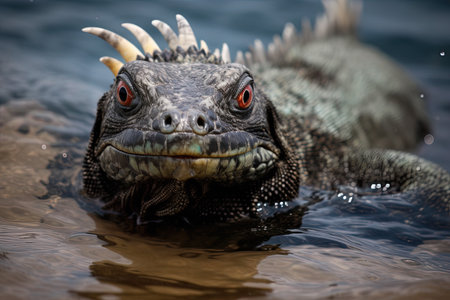 Close up of the head of a green iguana in the waterの素材