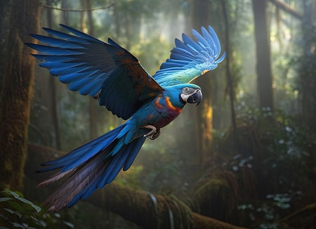 beautiful Scarlet macaw bird flying in the tropical rainforest.の素材