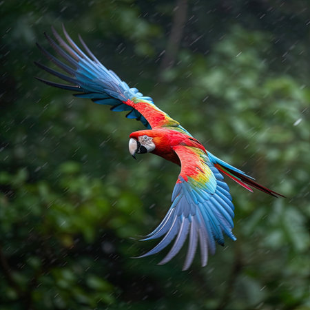 Scarlet macaw (Ara macao) flying in rainの素材
