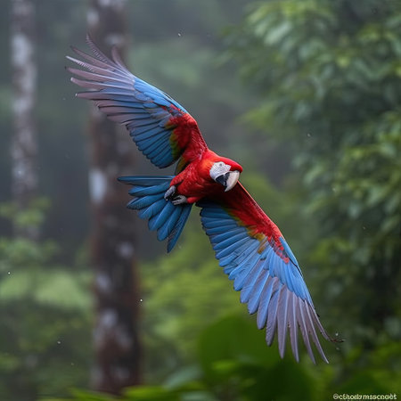 beautiful Scarlet macaw flying in the rainforest of Costa Ricaの素材