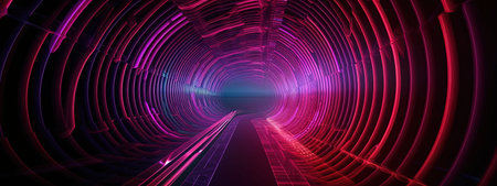 3D Illustration of a Futuristic Tunnel Tunnel with Neon Lightsの素材