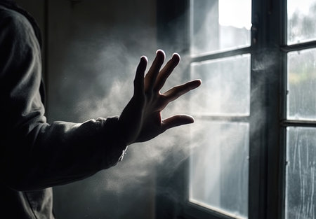 Hands of a man with a cigarette in his hand. Smoke coming out of the window.の素材