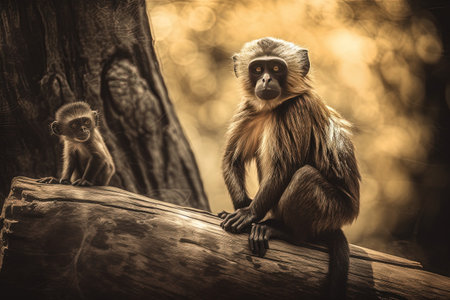 Monkey sitting on a log in the forest. Toned.の素材