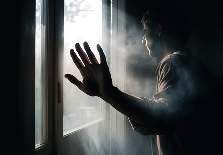 A man is standing by the window and looking out the window.の素材