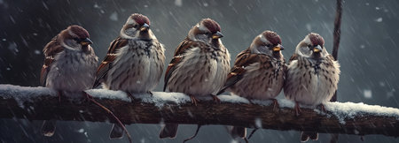 sparrows sitting on a branch under the snowfall in winterの素材