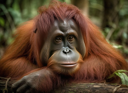 Portrait of an orangutan in the rainforest of Sumatra, Indonesiaの素材