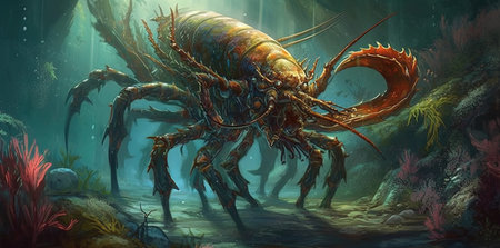 Illustration of a giant crayfish in a deep ocean.の素材