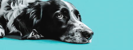 Portrait of a black and white dog on a blue background.の素材