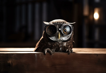 Cute owl in eyeglasses on wooden table in dark roomの素材