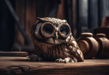 Owl with round glasses on a wooden background. Vintage style.の素材