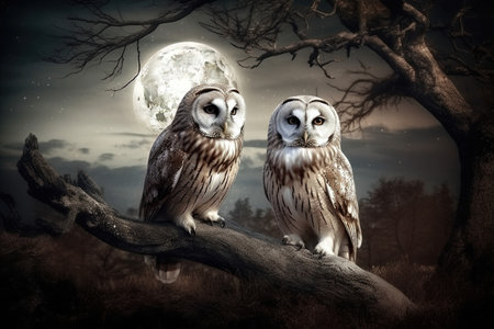 Two owls sitting on a tree branch in front of a full moonの素材