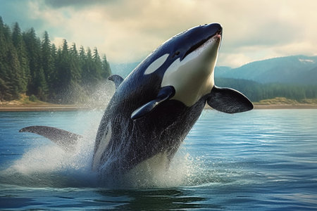 Killer whale splashing out of the water. 3d renderの素材