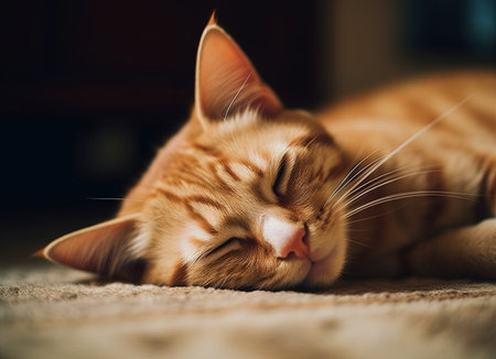 Cute ginger cat sleeping on the carpet. Close-up.の素材