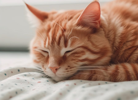 Cute ginger cat sleeping on bed at home, selective focus.の素材