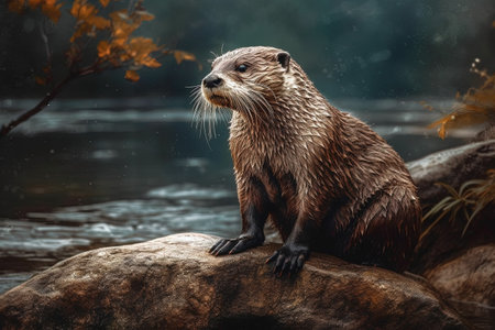 Otter standing on a rock by the river in autumn.の素材