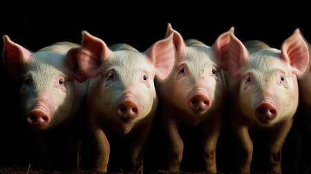 Group of pigs on a black background. The concept of breeding pigs.の素材