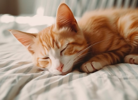 Cute ginger cat sleeping on bed at home. Fluffy pet.の素材