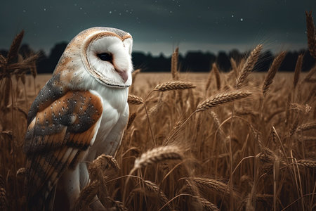 Beautiful Barn Owl sitting in a wheat field at night. Toned.の素材