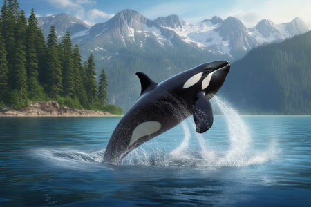Beautiful killer whale jumping out of the water. 3d renderingの素材