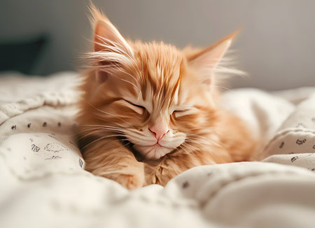 Cute ginger cat lying on bed at home. Fluffy pet.の素材